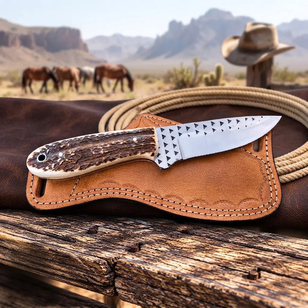 Staghollow rasp steel skinner knife, full view