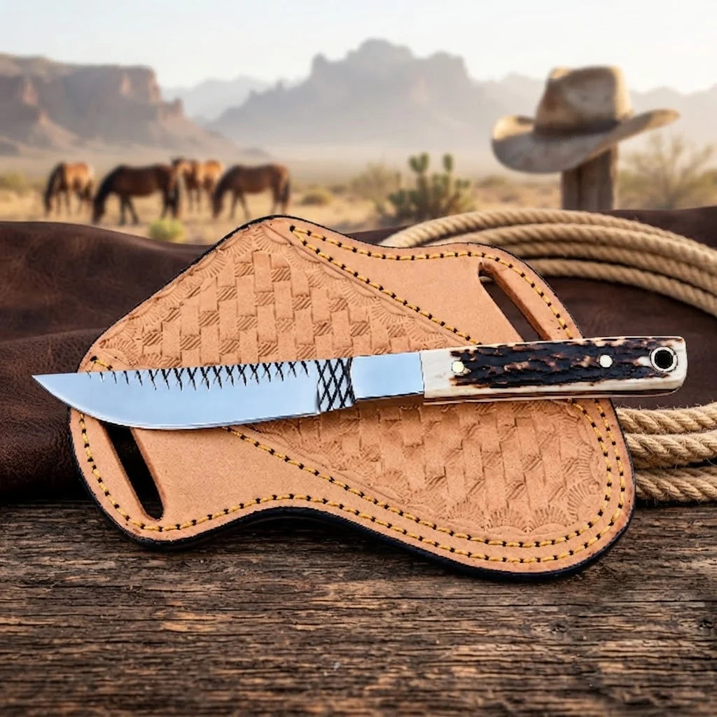 Stagmere rasp steel skinner knife, full view