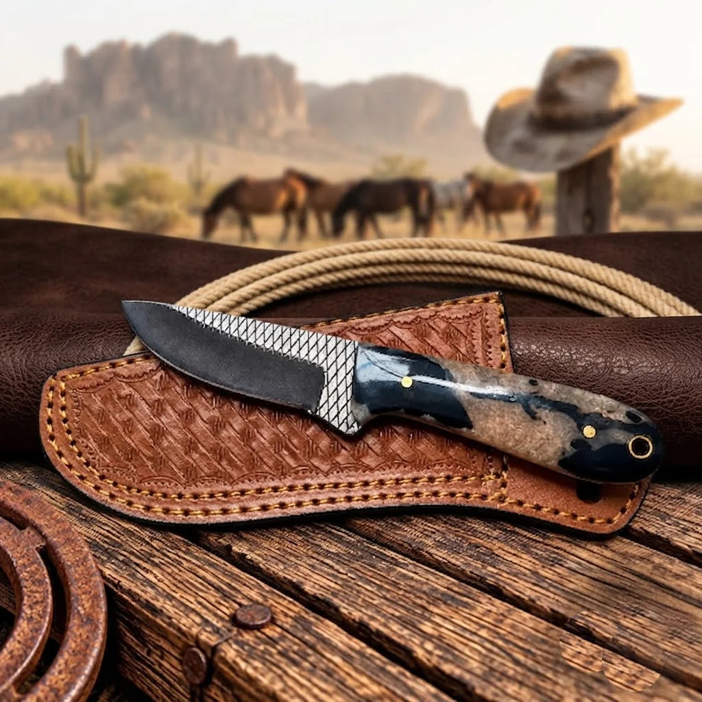 Thornvale rasp steel skinner knife, full view