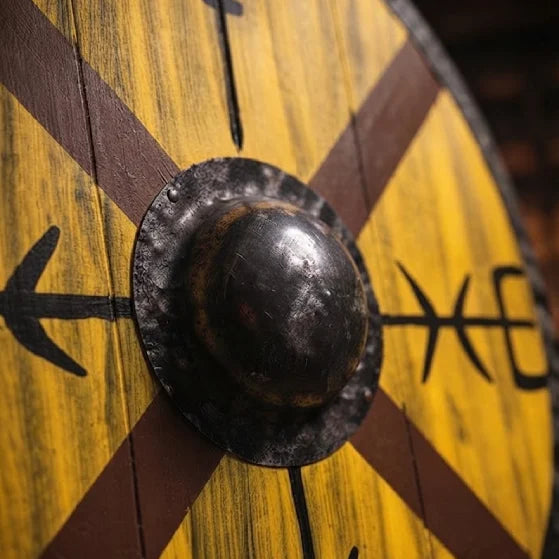 Vegvisir Viking shield steel boss and leather handle detail