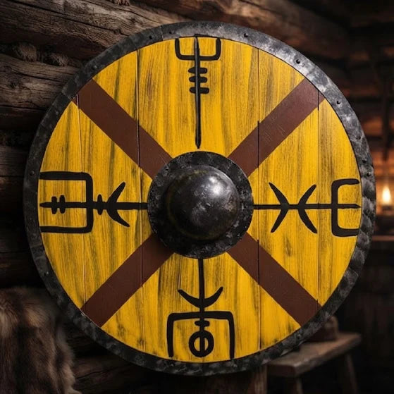 Handcrafted Vegvisir Viking shield, full view Norse compass wall decor