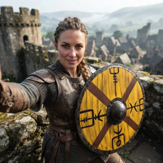 Close-up of the Vegvisir symbol on the Viking shield