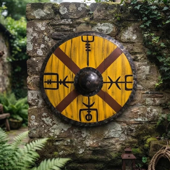 Handcrafted Vegvisir Viking shield mounted as wall decor