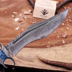Handmade Damascus Finger Guard Bowie Knife | 10" San Mai VG10/15N20 Steel | Resin Handle with Italian Leather Sheath – Collector's Gift Knife