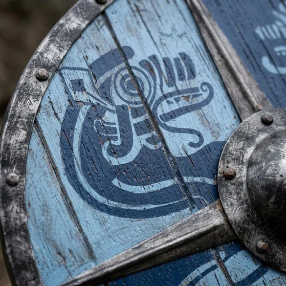 Close-up of the Viking raven shield's artwork and metal boss