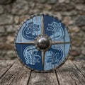 Handcrafted Viking raven shield, full view blue and white finish