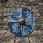 Handcrafted Viking raven shield, full view blue and white finish