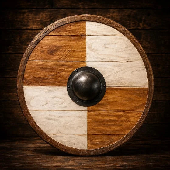 Handmade wooden Viking shield, full view Norse round shield