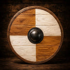 Handmade wooden Viking shield, full view Norse round shield