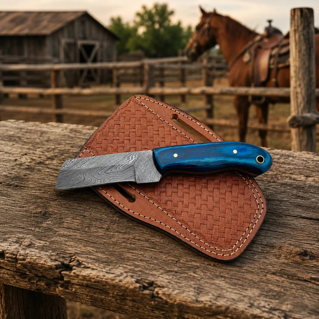 Westmere Damascus cowboy bull cutter knife, full view