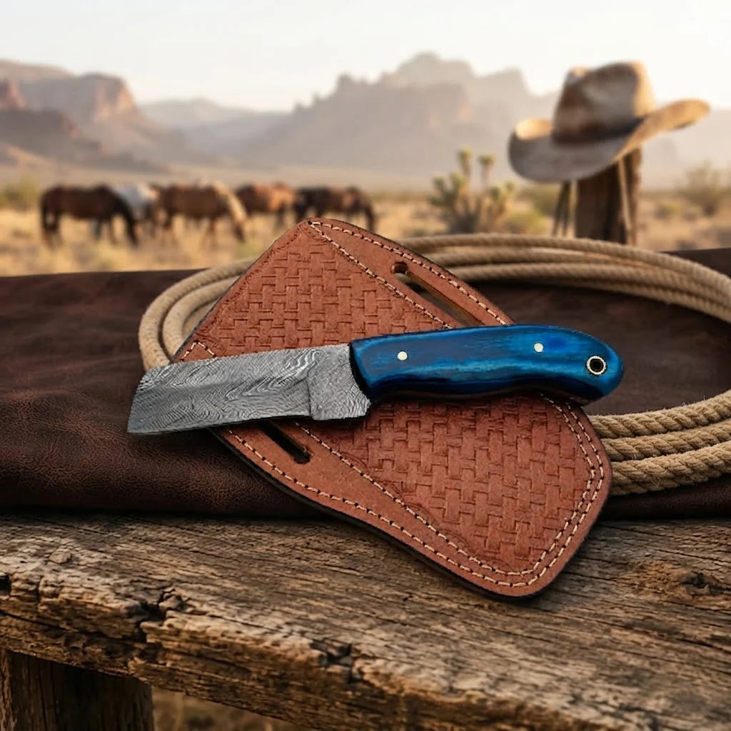 Westmere Damascus cowboy bull cutter knife, full view