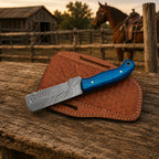 Westmere Damascus cowboy knife cross-draw leather sheath