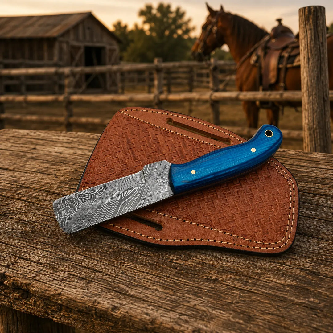 Westmere Damascus cowboy knife cross-draw leather sheath