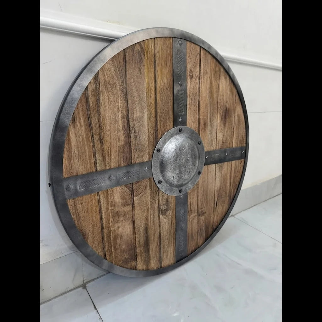 Wooden Viking warrior shield, angled display view