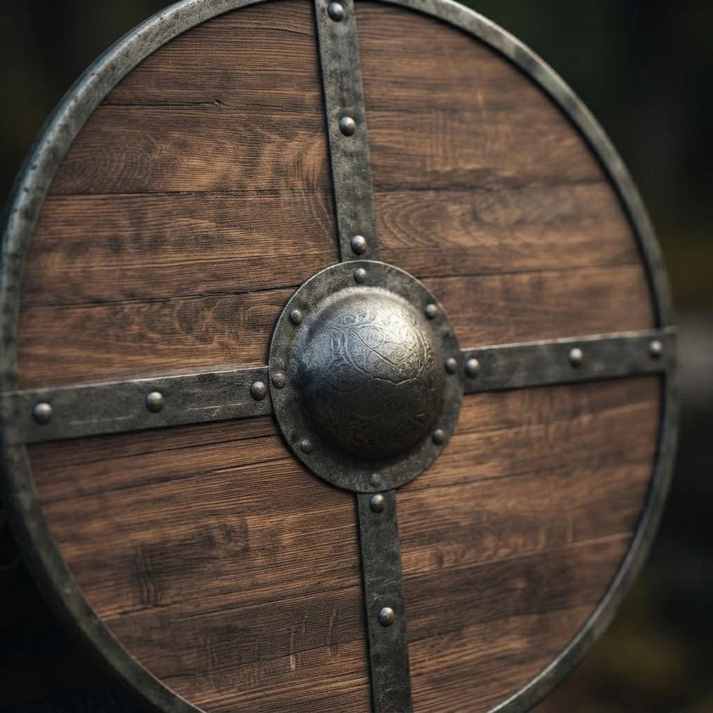 Wooden medieval shield hand-painted weathered finish detail