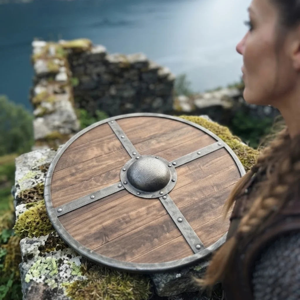 Handcrafted wooden medieval shield, full view