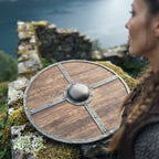 Handcrafted wooden medieval shield, full view