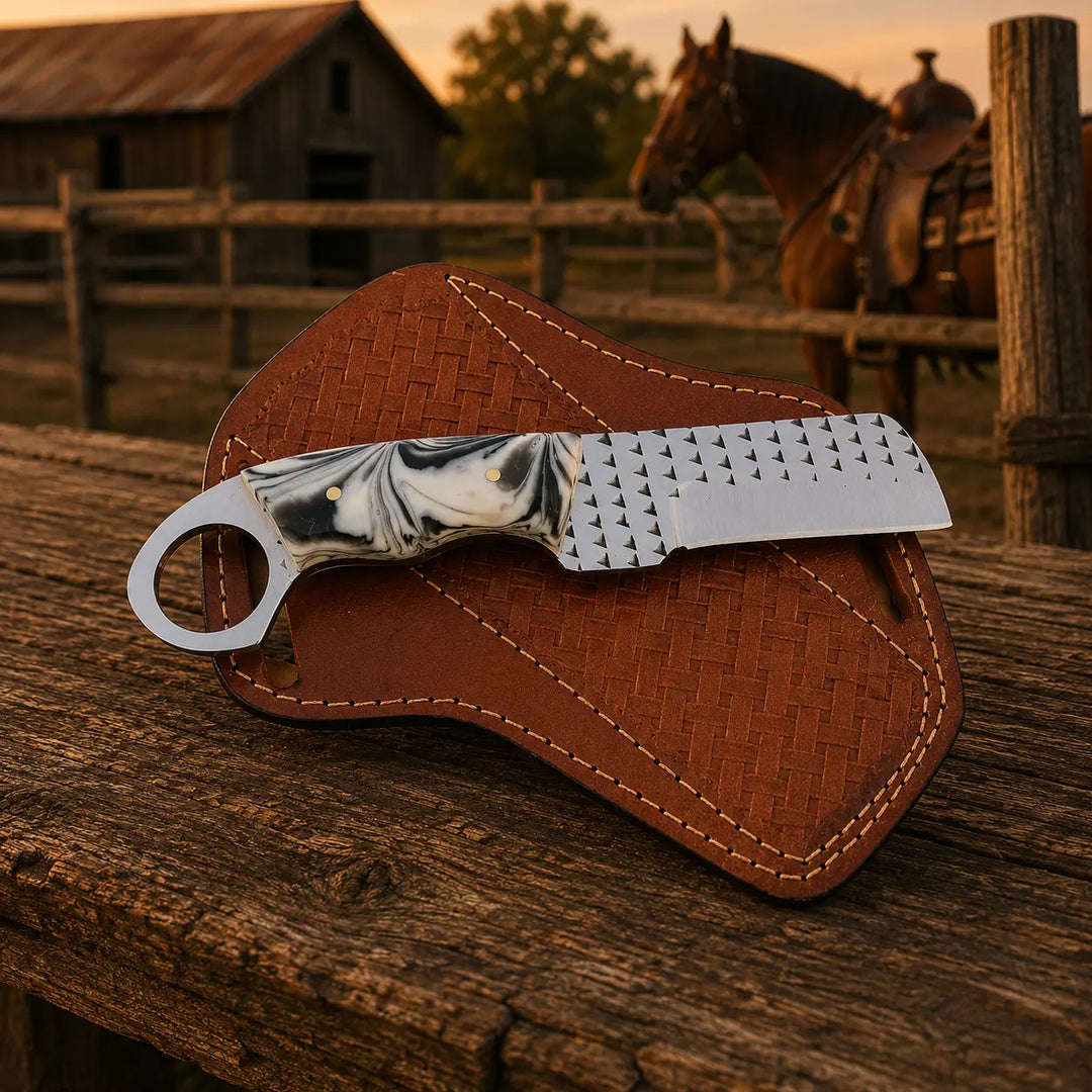 Cowboy bull cutter knife, full view rasp steel blade