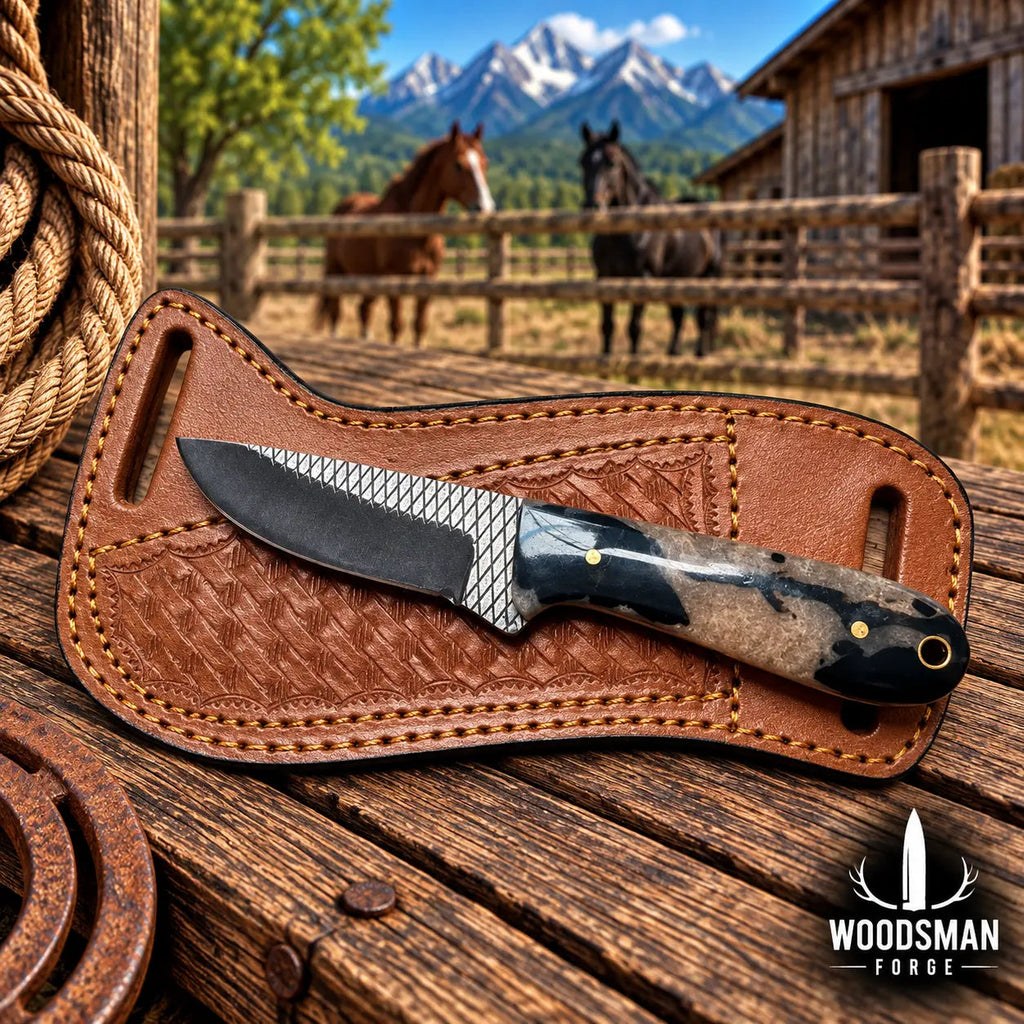 Thornvale Rasp Steel Skinner Knife – Resin Handle & Leather Sheath