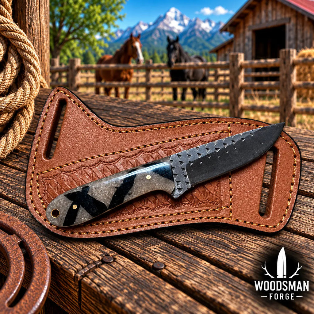 Thornvale Rasp Steel Skinner Knife – Resin Handle & Leather Sheath